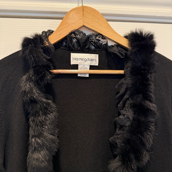Vtg Bloomingdale’s Cardigan Women’s M Black Cashmere Silk Fur Lace Trim Y2K 90s - Picture 3 of 8